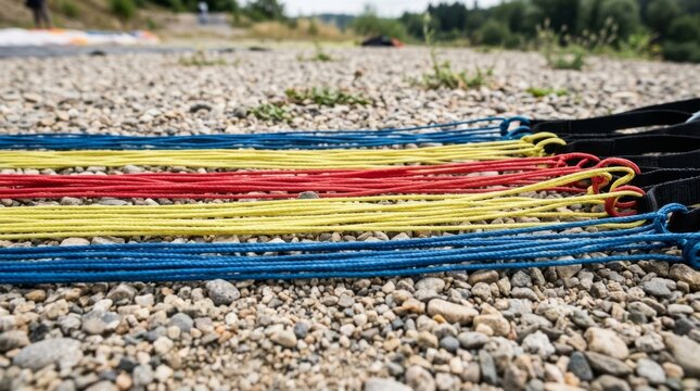 Colorful ropes lie in neat rows on a pebbled beach.