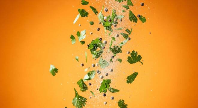 Fresh green parsley leaves and peppercorns frozen mid-air over an orange background, ideal for food blogs, culinary advertising and healthy eating promotions