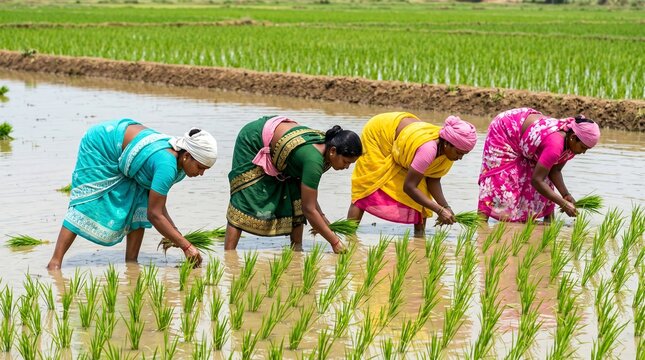 Indian women farmers planting rice seedlings in a flooded paddy field during monsoon season.