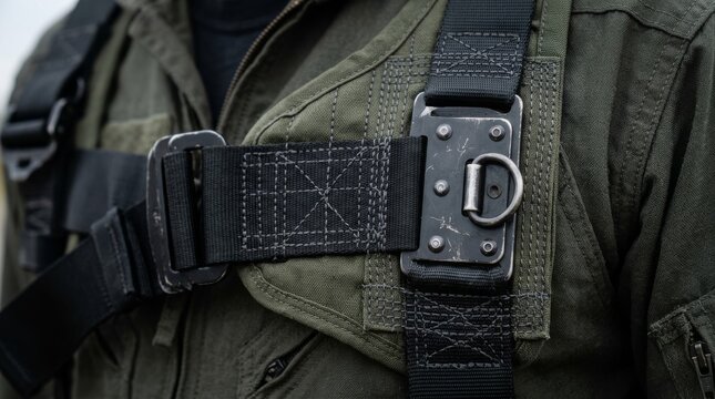 Close up of a person wearing a belt and harness.
