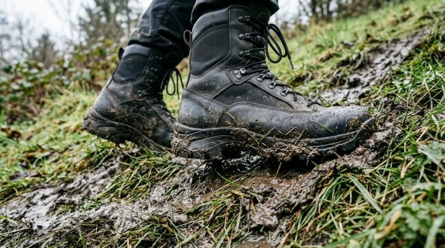 A muddy hiking boot steps through wet grass on a muddy trail.