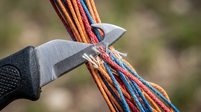 A close up shows a knife cutting colorful rope strands tightly bound.