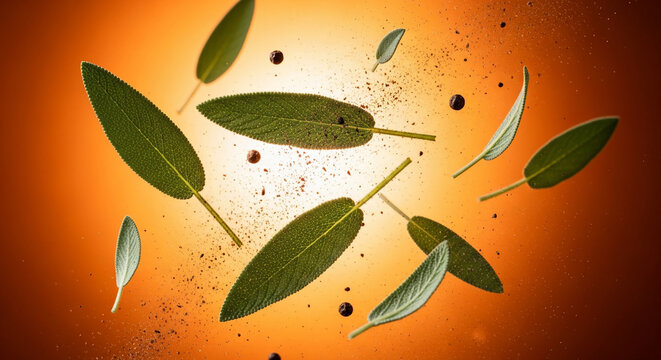 Fresh sage leaves and peppercorns in dynamic motion against an orange gradient background, perfect for culinary blogs, food advertising and gourmet recipes