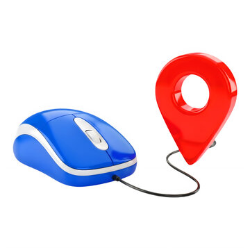 Vibrant blue computer mouse with a red location pin marker icon attached isolated on transparent background
