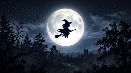 Fototapeta premium Silhouette witch flying on broomstick against full moon in dark forest with castle ruins at night