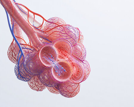Pulmonary alveoli with capillary network gas exchange illustration
