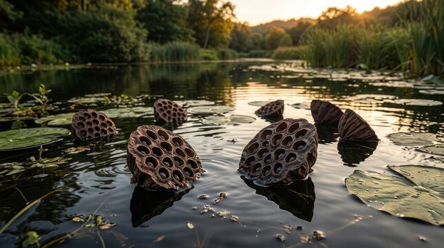 Lotus seed pods floating in water with lily pads