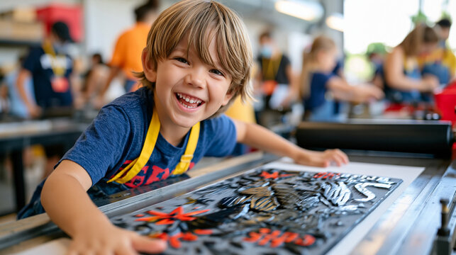 A young child in a crowded multilingual community center reaches upward toward illustrated language flashcards arranged in a funnel shape on a low board, a tutoring session in progress with word con