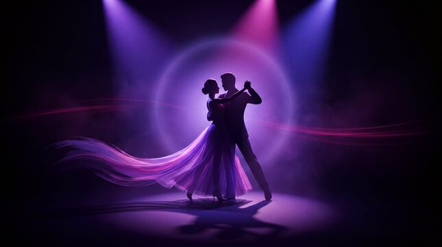 A couple dances romantically under purple lights on a dark stage