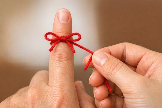 A hand tying a red string around the finger, symbolizing good luck and prosperity