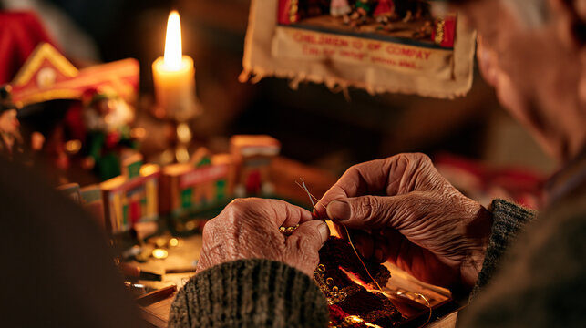 Close-up of elderly hands gently threading a needle to repair a miniature theater costume under warm candlelight, tiny painted wooden stage props arranged nearby, a fabric playbill for a children's 