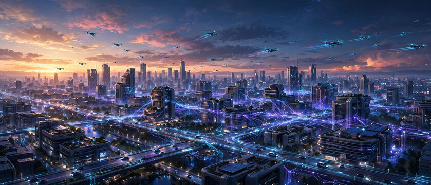 Futuristic cityscape with interconnected buildings and drones at sunset, aerial view, concept for smart city planning, urban technology and digital connectivity