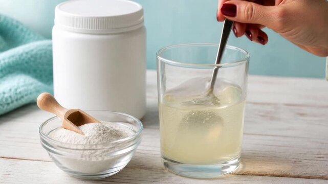 Hand stirs powdered dietary supplement into a glass beside supplement container and scoop