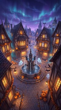 High angle view of a festive Halloween town square with glowing houses and central fountain