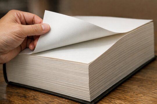 A person shields a book from view with a piece of paper, possibly hiding contents or protecting the book's condition