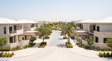 Fototapeta premium Modern residential neighborhood with white roofs and palm trees aerial view showcasing clean urban design