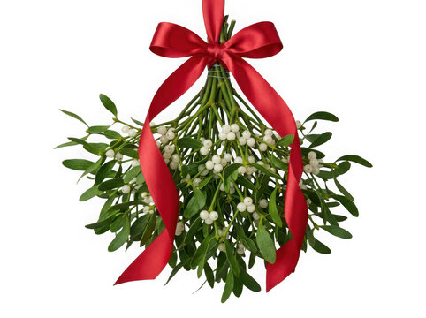 Bunch of mistletoe with white berries and a red ribbon isolated on transparent background