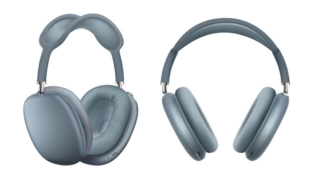 Illustrative editorial set of Apple AirPods Max 2 headphones in blue isolated on transparent background, realistic illustration. High quality and resolution