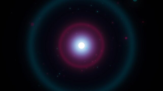 Abstract animation of a glowing neon cyan and magenta energy orb radiating subatomic particles and shockwave rings in deep black space, creating a futuristic quantum science visual background.