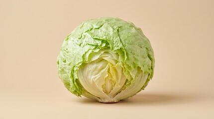Fototapeta premium Fresh Raw Iceberg Lettuce Head Isolated on Beige Background for Healthy Food Concepts