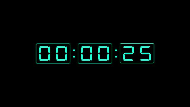 30 second countdown animation on transparent background.Digital clock style 30 second countdown clock timer.