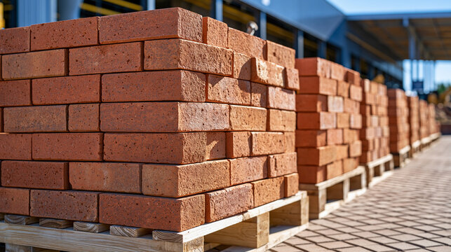 Large stacks of traditional red clay bricks stored on wooden pallets outdoors at a modern building materials yard, multiple pallet rows extending toward a warehouse, realistic brick textures and nat
