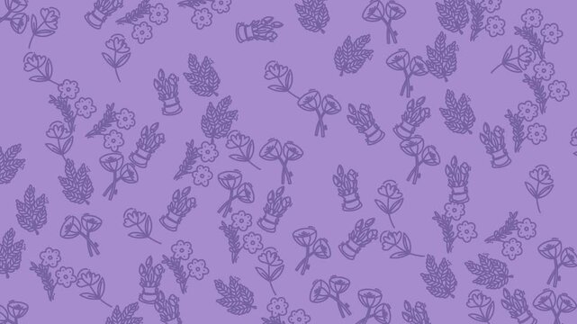 Seamless pattern background with cute hand drawn flower bouquets in purple color.