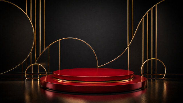 Twin-tiered vermilion dais enclosed in ornamental onyx ribbing