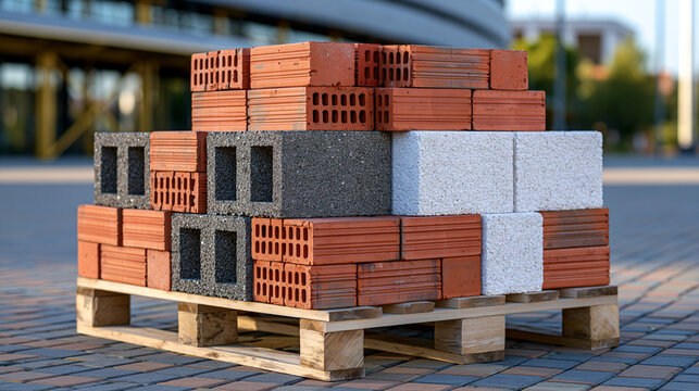 Mixed pallet containing several types of modern masonry blocks for private home construction, red clay bricks, gray hollow blocks and white aerated concrete arranged in separate layers, realistic pr