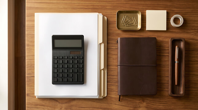 Office desk flat lay with calculator, folders, notebook, and pen on wood