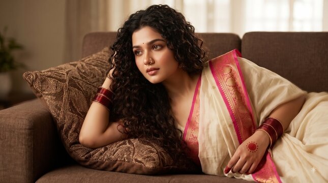 Woman in traditional cream and pink saree relaxing on a sofa with henna hands and bangles