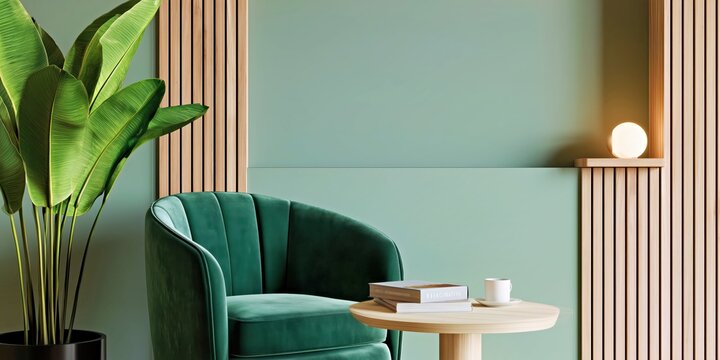 Minimal green living room corner with armchair and slatted wall panels, stylish interior background for decor branding and product display.

