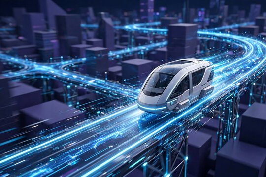 Futuristic white autonomous train on illuminated glowing blue data lines over a dark city, concept for advanced transportation, smart city infrastructure and high-speed travel