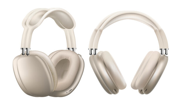 Illustrative editorial set of Apple AirPods Max 2 headphones in starlight isolated on transparent background, realistic illustration. High quality and resolution