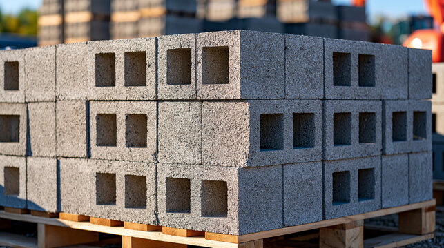 Outdoor stack of gray concrete cinder blocks arranged in perfectly aligned layers on wooden pallets, visible hollow openings and rough aggregate texture, industrial construction yard under bright na