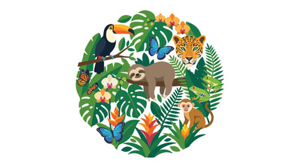 Naklejka premium Amazon Rainforest Animals and Plants Circle Design, Tropical Wildlife Illustration