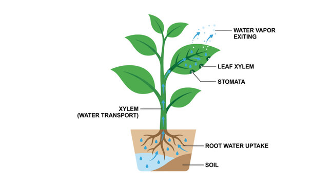 Plant Transpiration Process Diagram: Water Transport, Stomata, Root Uptake