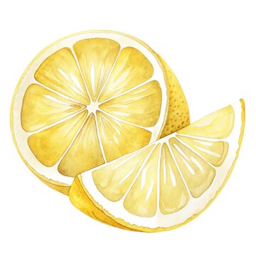 Detailed watercolor illustration of a fresh ripe yellow lemon half and a wedge slice isolated