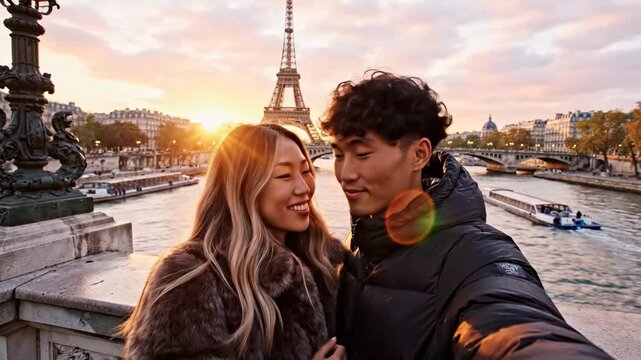 Romantic Paris Sunset: Asian couple taking selfie with Eiffel Tower background, ideal for travel and tourism content.