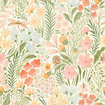 Cute watercolor seamless pattern with delicate wildflowers, dragonfly, butterfly, snail, green plants and paper texture. Abstract floral background for summer fabric, home textile or childish print.
