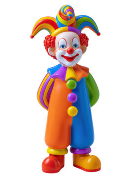 Colorful clown figure with rainbow hat and multicolored suit