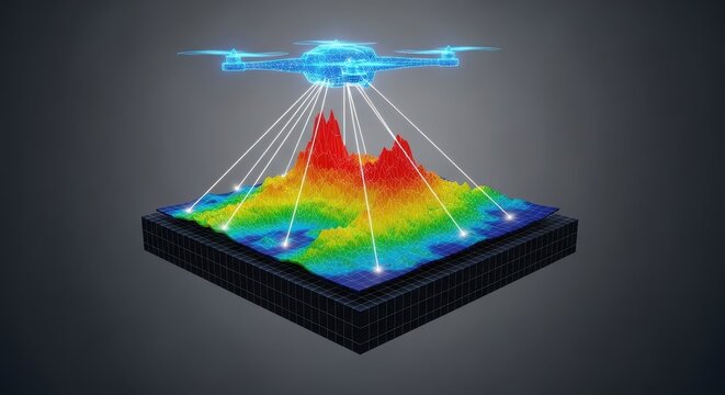 Futuristic Drone Scanning 3D Topographic Map for Geographic Data Analysis and Terrain Mapping Technology