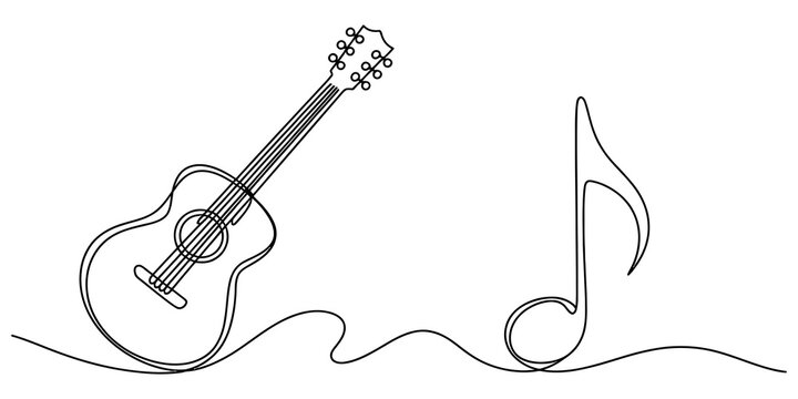 Acoustic guitar and music note drawn with a continuous single black line on a plain surface