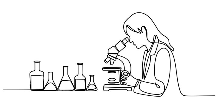 Continuous single line drawing of a woman scientist looking through a microscope with lab glassware flasks in a laboratory setting