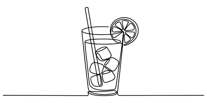 Continuous single line drawing of a refreshing glass of lemonade with ice cubes and a lemon slice garnish