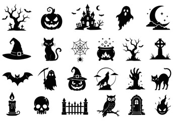 Fototapeta premium Halloween silhouette icon vector set featuring spooky pumpkin, witch hat, wolf, ghost, bat, skull, black cat, and haunted house, isolated on white background.