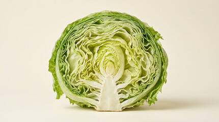 Obraz premium Fresh Iceberg Lettuce Head Cut in Half Showing Crisp Inner Cross Section on Neutral Background