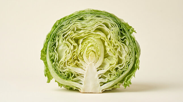 Fresh Iceberg Lettuce Head Cut in Half Showing Crisp Inner Cross Section on Neutral Background
