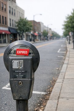 A parking meter stands on the sidewalk of a busy street, providing convenient parking options for drivers