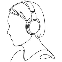 Profile Portrait With Over Ear Headphones And Short Hair Continuous Line Art Isolated on a Transparent or White Background © WeblyWork